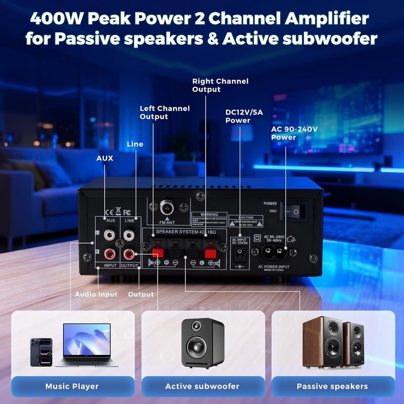 Romicta AK50MAX Stereo Audio Amplifier, 400W Home 2 Channel Bluetooth 5.0 Power Amplifier System, Home Amplifiers FM Radio, Echo, USB, SD Card,AUX with Remote Control Home Theater Audio Stereo System - Image 3
